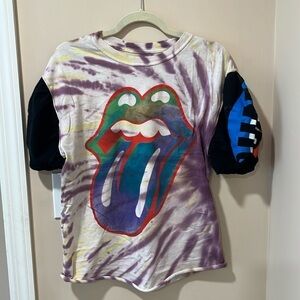 LUXE AND HAZEL Rolling Stones tie dye tshirt with puff sleeve accent size s.